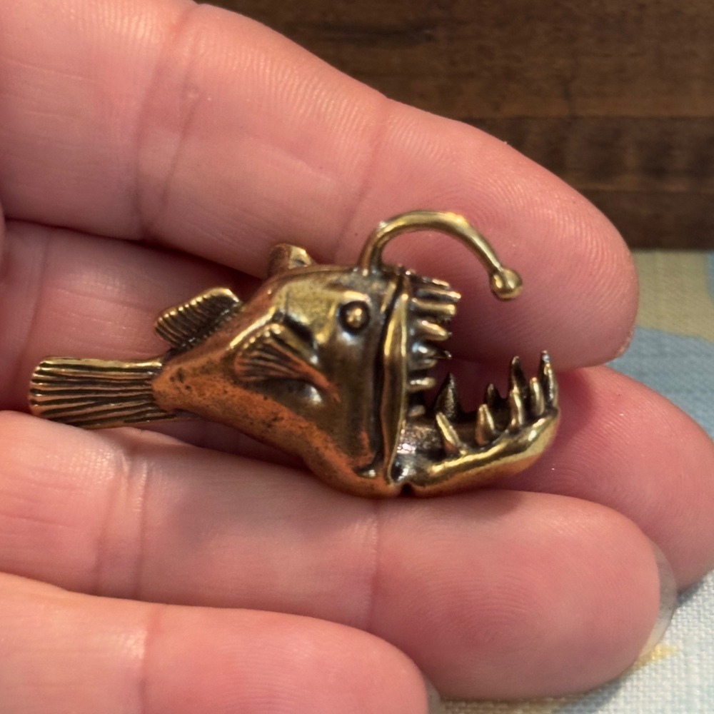 Brass Anglerfish Figurine Miniature Deep Sea Fish Metal Sculpture Nautical Decor
